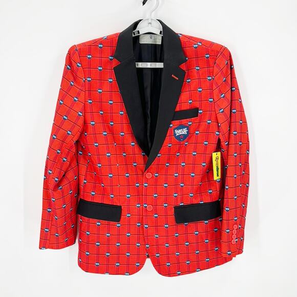 Tipsy Elves Samuel Adams Boston Beer blazer size L red black novelty print - Picture 1 of 11